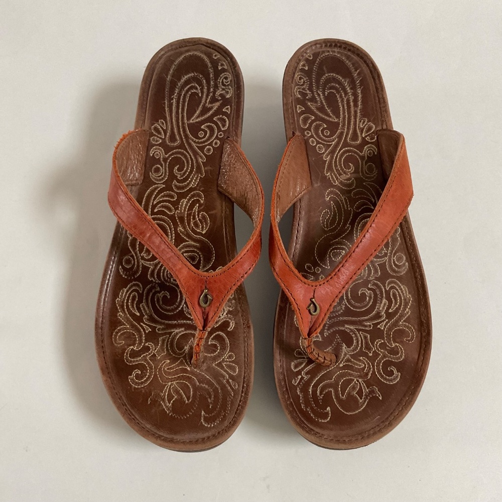 Olukai Paniolo Wedge Women’s Sz 8 Orange Brown Leather Thong Sandals - Picture 2 of 12